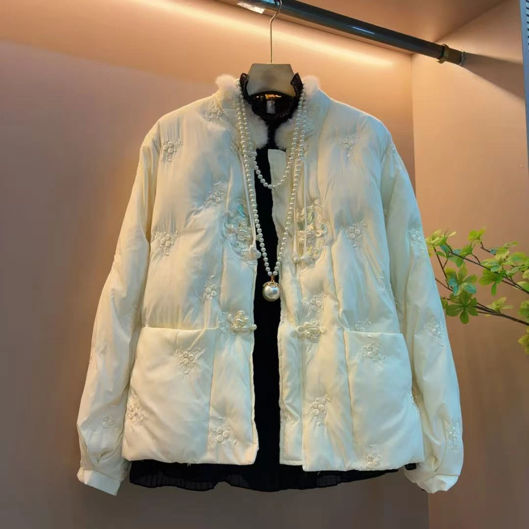 秋冬季时尚新款古风盘扣毛领绣花韩版显瘦棉服（长73左右）