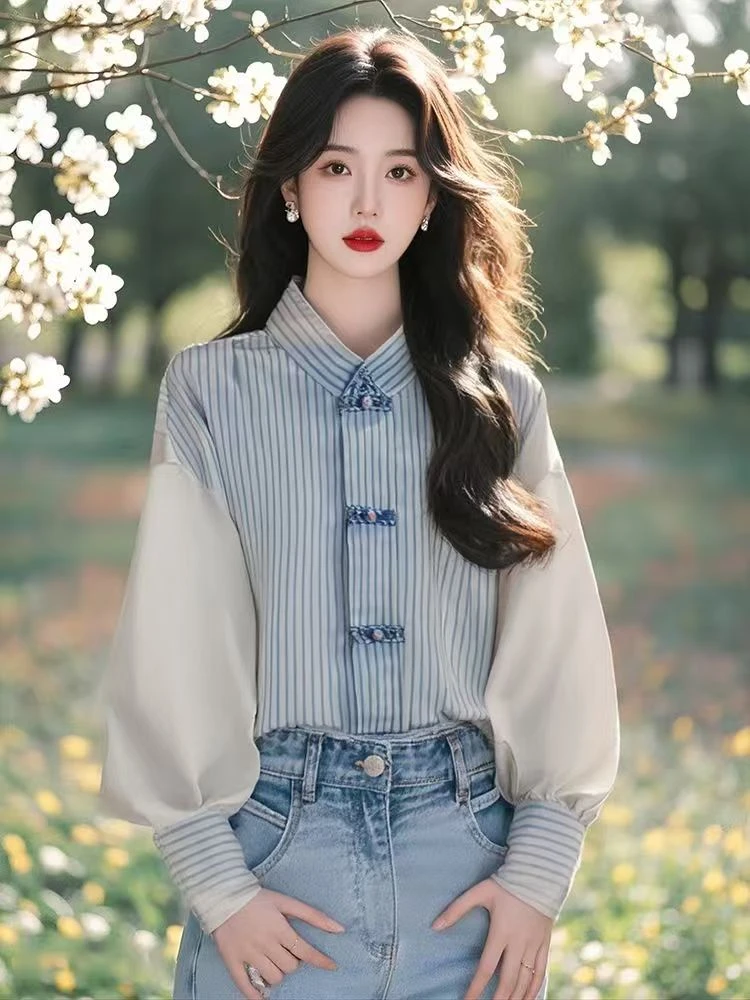 新中式女装国风蓝白撞色条纹立领衬衫秋季复古气质漂亮灯笼袖上衣