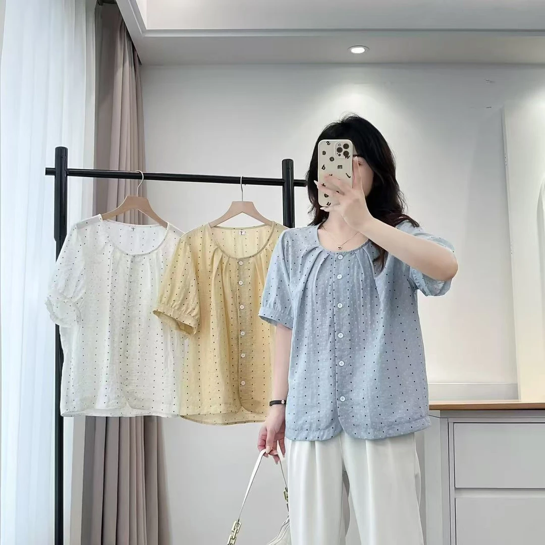 波点衬衫宽松圆领小衫短袖夏季气质大码清纯风韩版