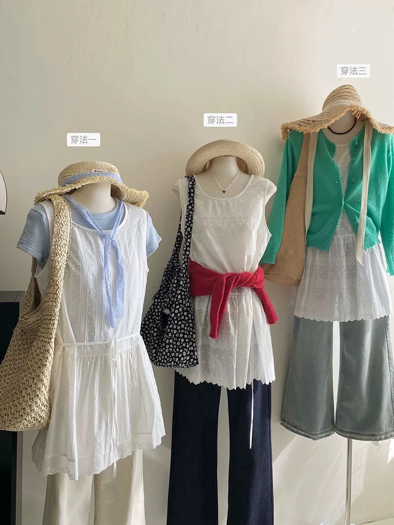 （900-999编码）韩系甜美温柔蕾丝花边打底裙女中长无袖内搭上衣