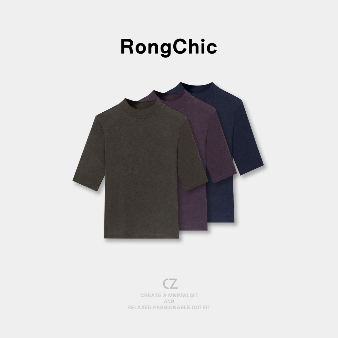 【云熙】春秋2025半高领中袖新款休闲百搭修身时尚显瘦T恤女