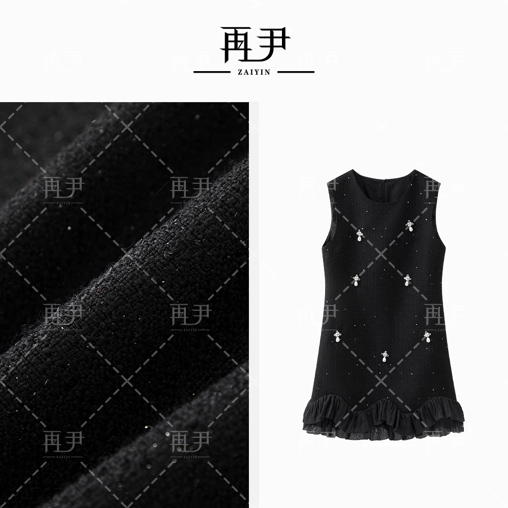 【慕辰意】小众设计师定制时尚显瘦气质黑色连衣裙G24DT011058