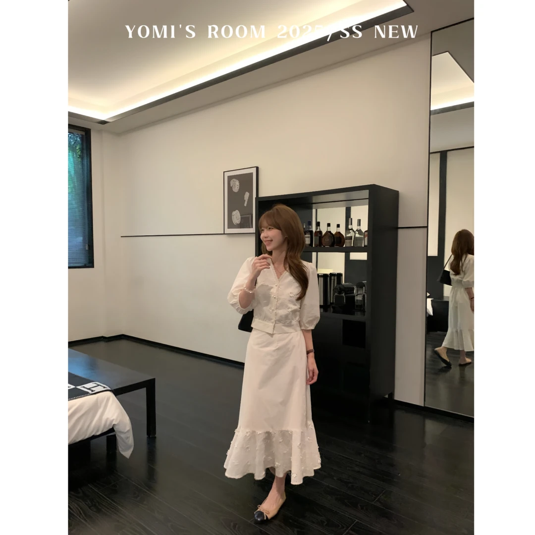 【现货】YOMI小个子【白瓷】新中式蕾丝上下装套装休闲薄款夏季显瘦