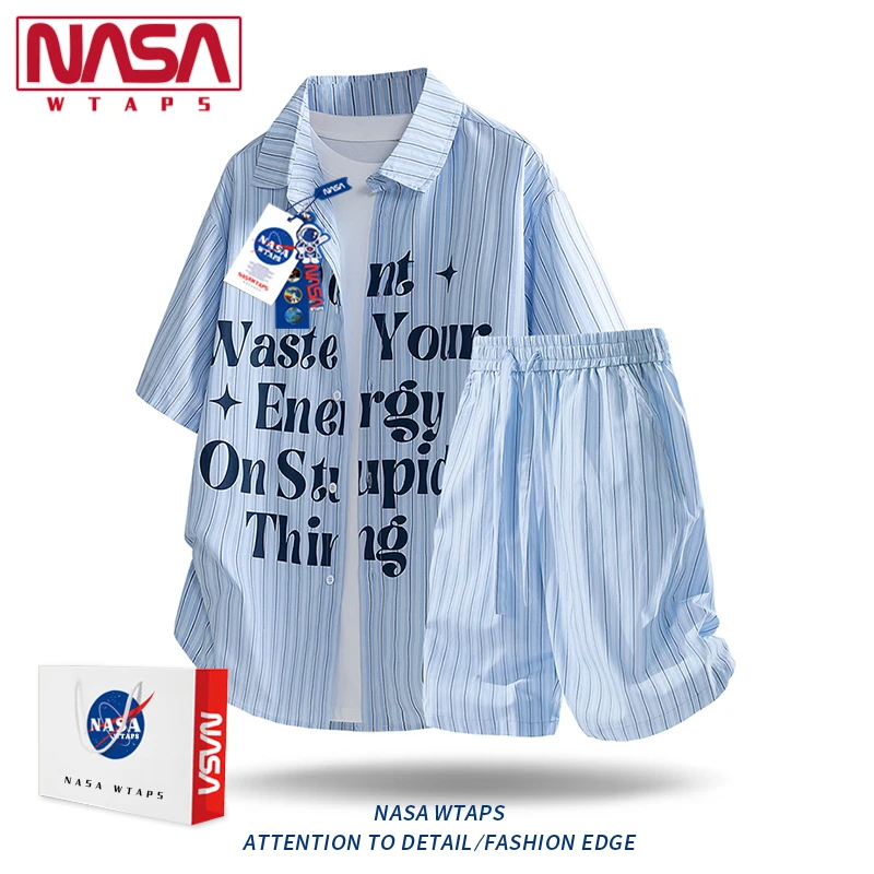 NASA WTAPS美式潮牌字母印花条纹短袖衬衫情侣款夏季宽松休闲衬衣