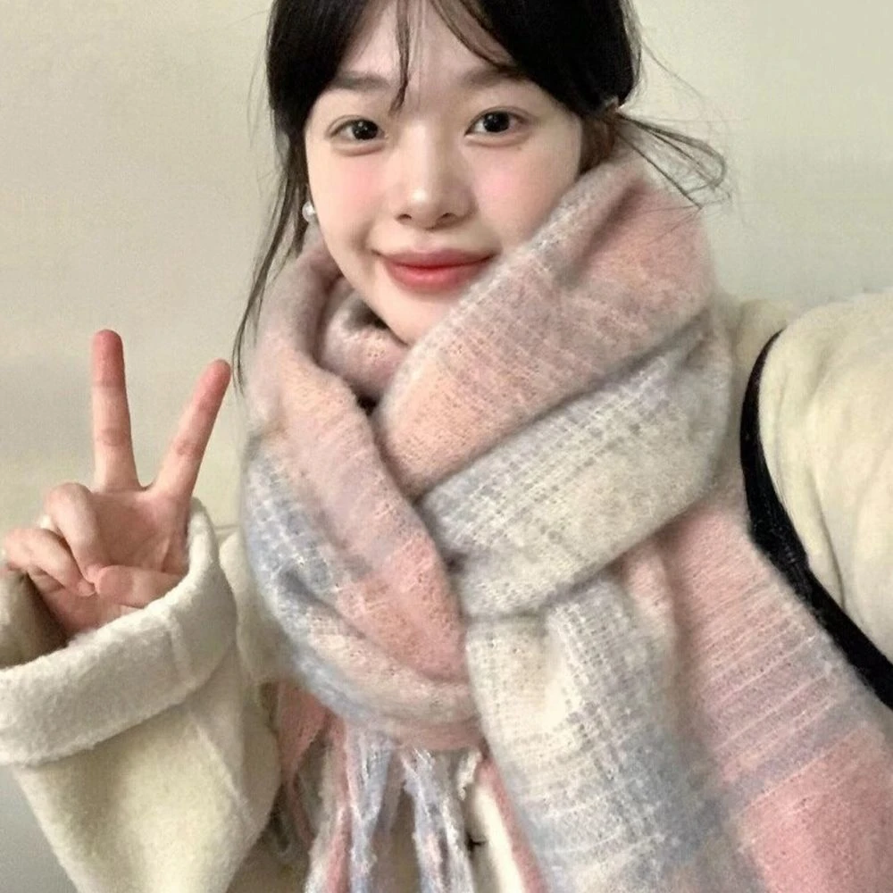 韩系粉色格子围巾女冬2025新款保暖披肩学生氛围感护颈流苏围脖qt