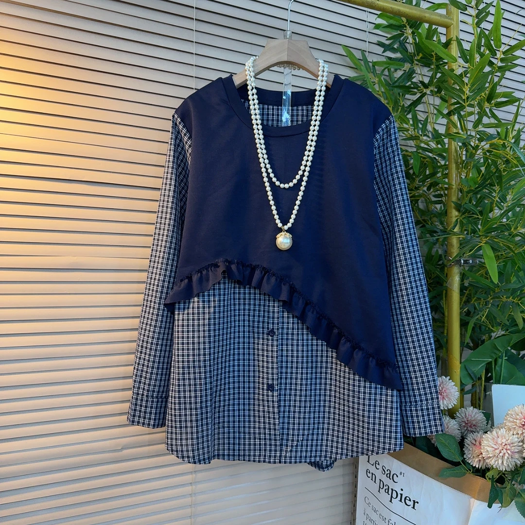 1618胖妹妹欧货时尚拼接款设计感假两件木耳花边宽松遮肉百搭衫