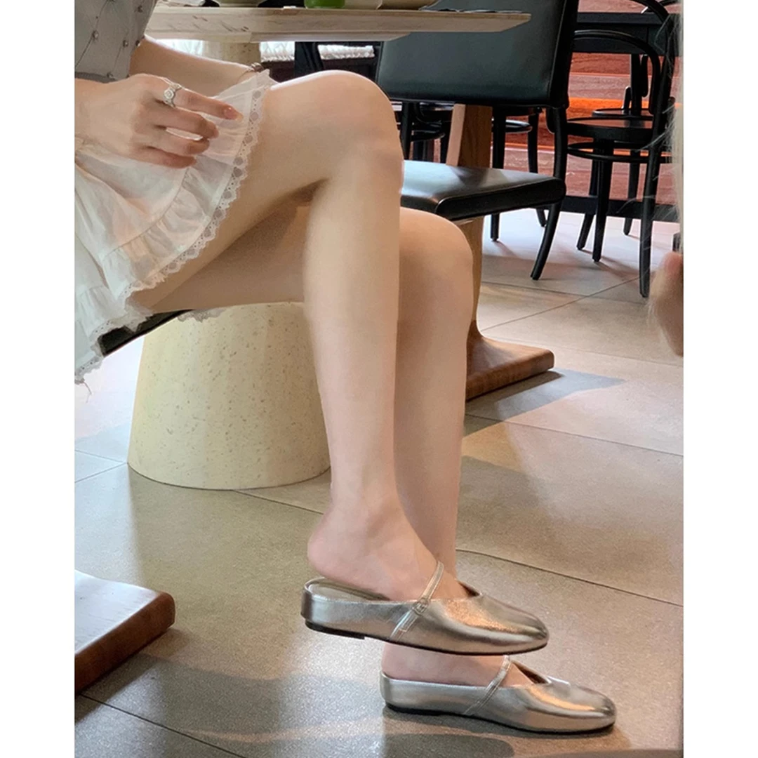 羊皮版~银色后空包头半拖鞋女夏外穿穆勒鞋单鞋内增高玛丽珍凉鞋