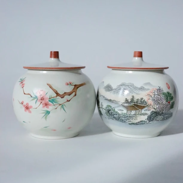 山景造物-米黄汝窑水点桃花山水人家茶叶罐密封罐储物罐a504