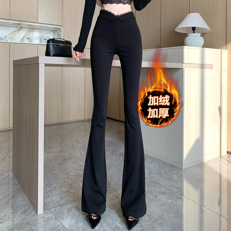 韩系蕾丝拼接显瘦休闲微喇裤女秋冬新款高腰时尚百搭显高拖地长裤