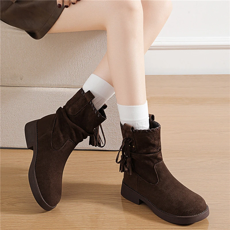 英伦风马丁靴2025秋季新款流苏粗跟堆堆短筒靴短靴百搭复古博肯鞋