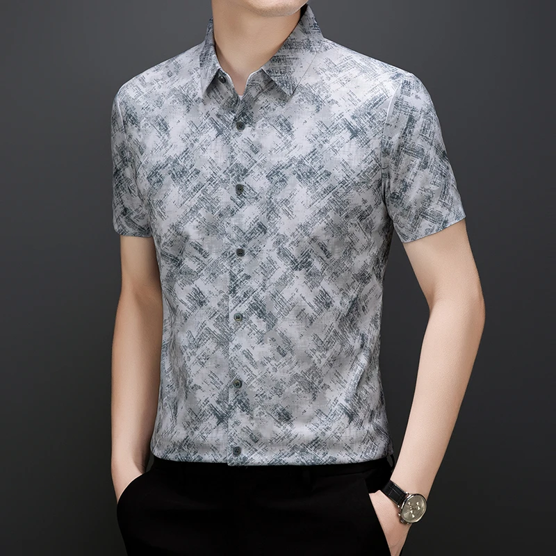 2025夏季新款亚麻渐变男士休闲商务衬衣精致免熨烫发短袖衬衫