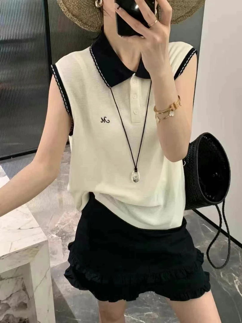 欧货高级感polo翻领刺绣薄款小飞袖针织衫女夏季洋气百搭上衣