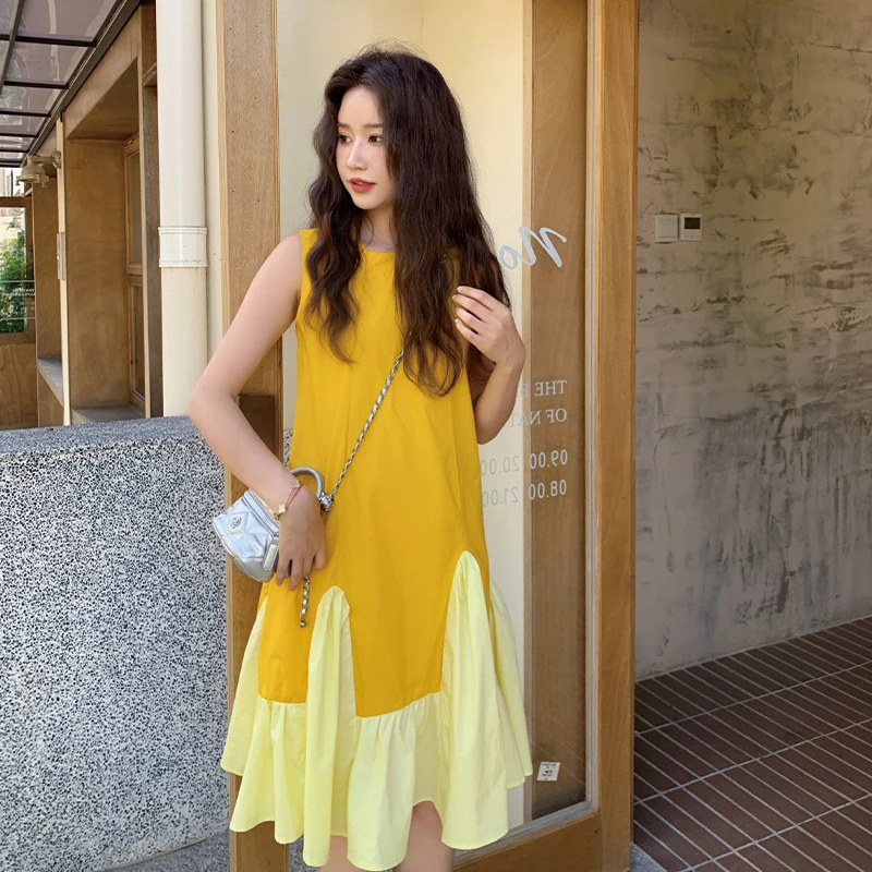 多巴胺黄色无袖连衣裙女2025夏季新款韩版小个子设计感气质背心裙