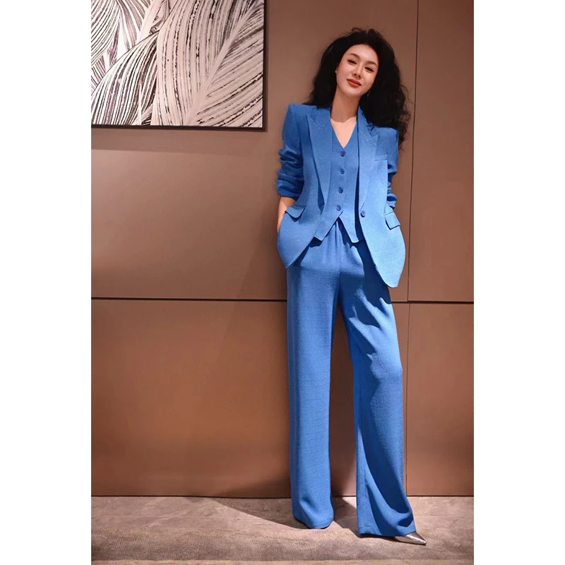 2025早春新款洋气挂脖马夹背心阔直裤套装三件套时尚女装职业正装