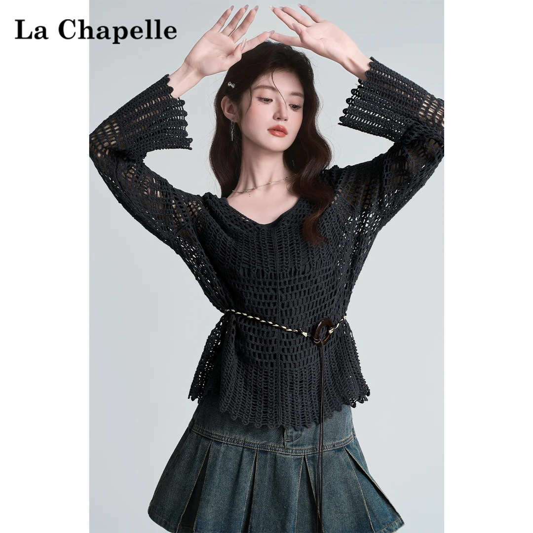拉夏贝尔慵懒随性纯欲镂空宽松罩衫+背心两件套上衣套装(配腰线)