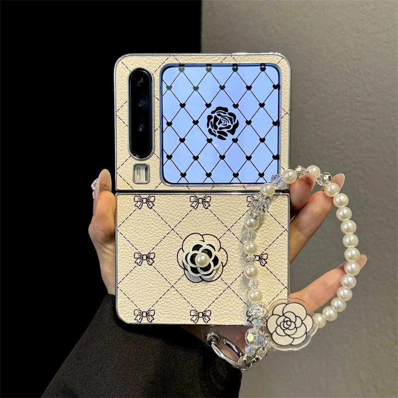适用华为purax典藏版折叠屏手机壳pocket2皮纹蝴蝶结立体山茶花女
