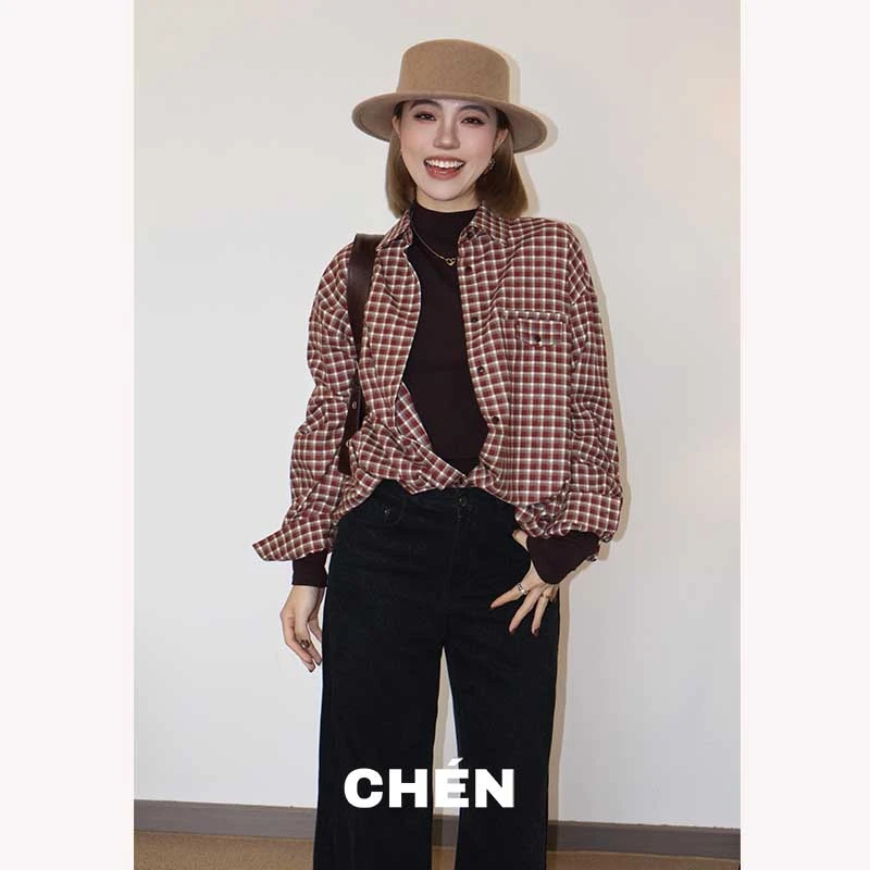 【红糖衫】晨总自制休闲通勤秋冬宽松磨毛格子长袖衬衫女