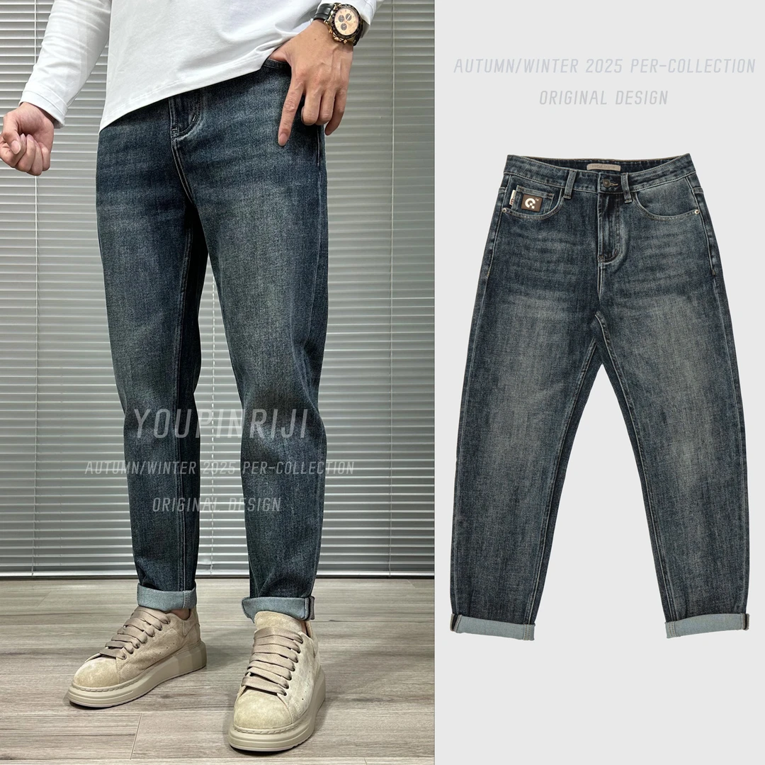 新款美式直筒弹力牛仔裤复古蓝怀旧紧修身A型休闲潮流男士爆21