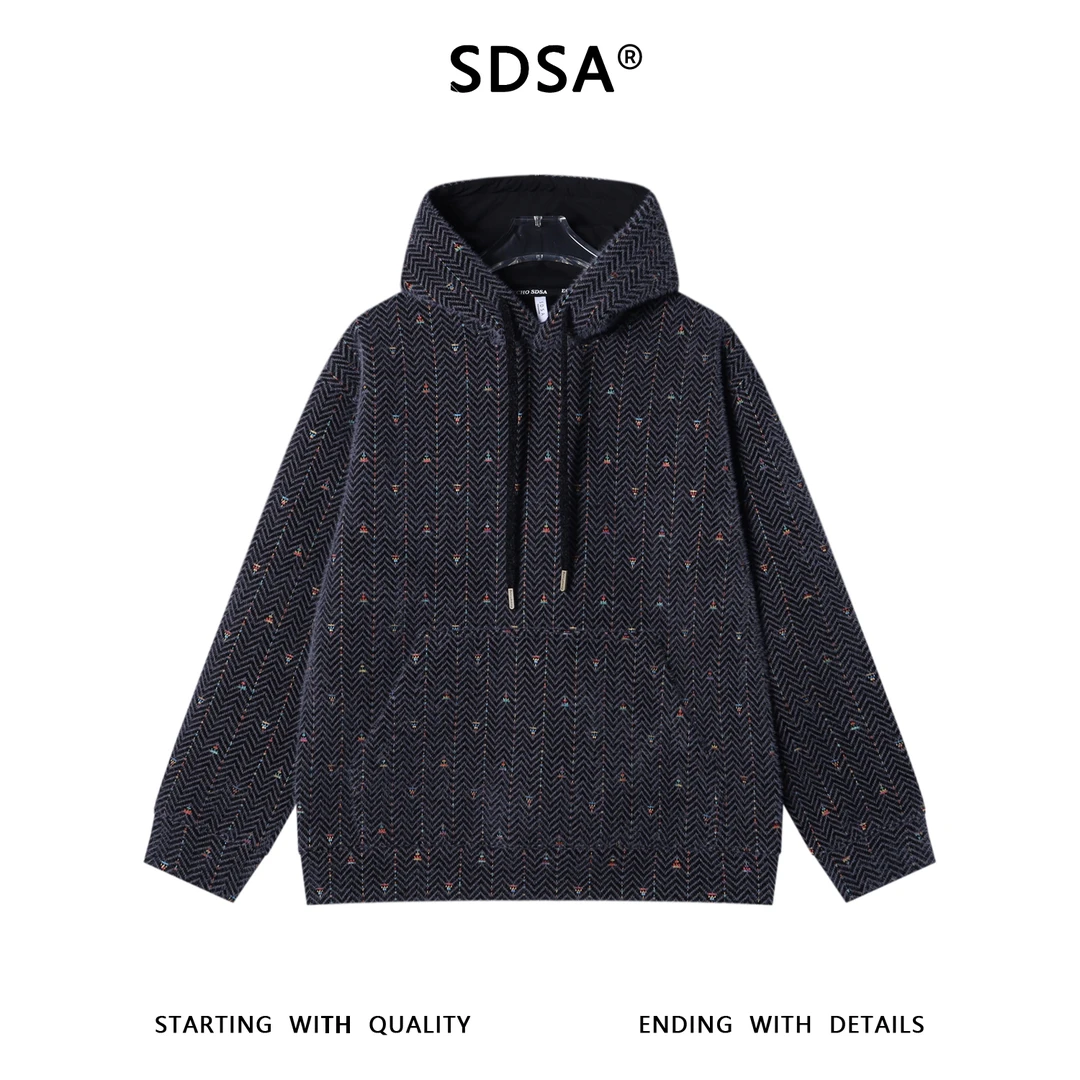 SDSA秋冬新款痞帅男装彩色刺绣绒毛波浪线设计抽绳连帽卫衣百搭