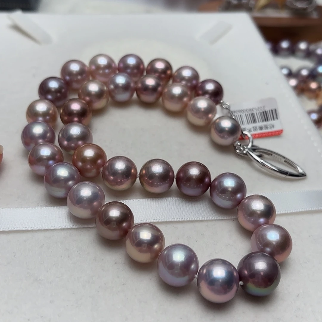 颈饰银S925镶嵌淡水珍珠12-14正圆怪色浅糖果
