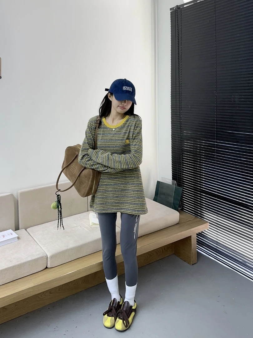 0461【春季新款】刺绣小狗韩版百搭条纹宽松慵懒圆领打底衫（26079）