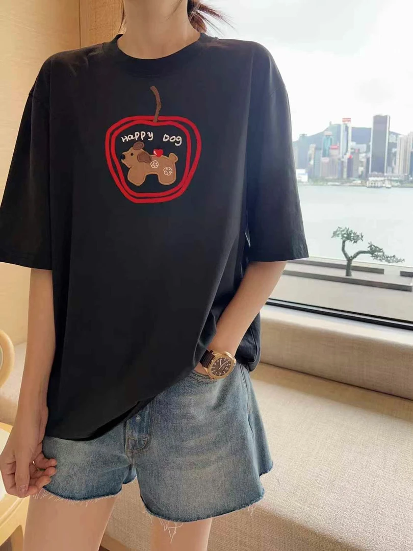 【苹果小狗短袖 】~夏季T恤常规韩版慵懒风时尚百搭