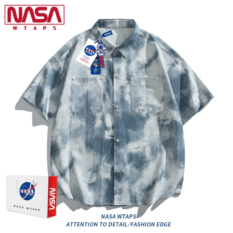 NASA WTAPS扎染短袖衬衫男夏季冰丝薄款翻领五分中袖百搭衬衣外套