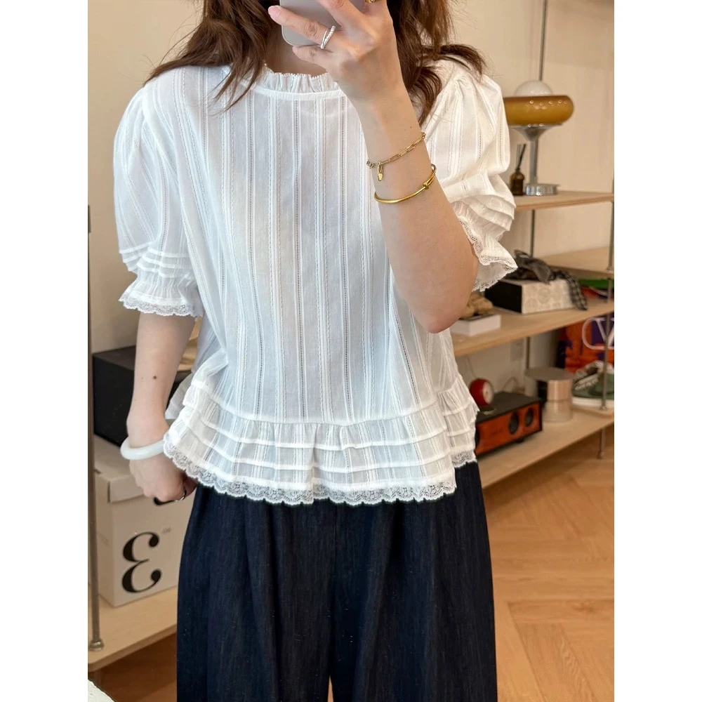 夏季甜美风短款泡泡袖木耳边上衣衬衫女百搭韩系小衫