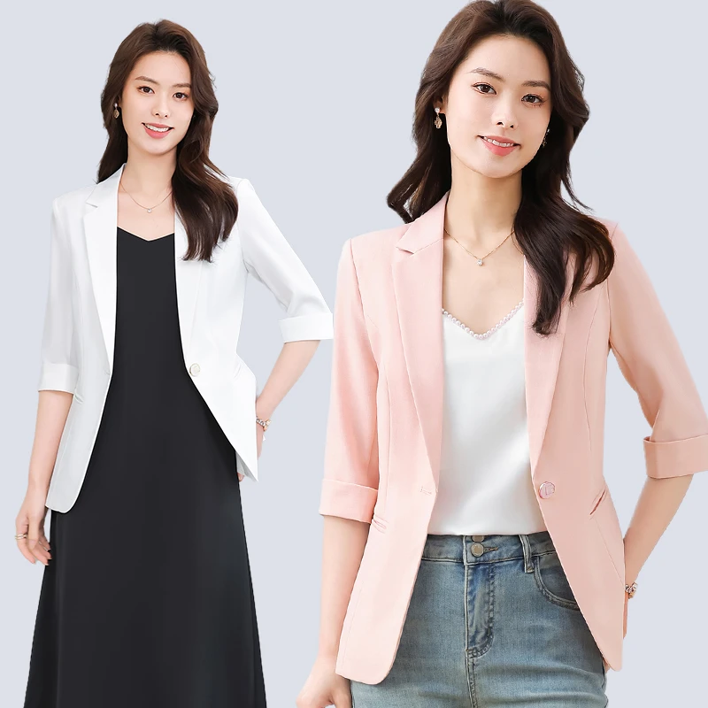 白色小西装外套女夏季薄款2025新款高级感中袖西服职业时尚气质