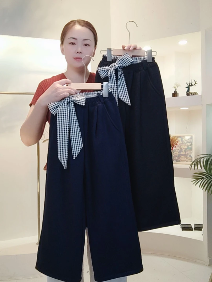 冬款女童加绒外穿时尚休闲仿牛仔针织大蝴蝶结直筒裤