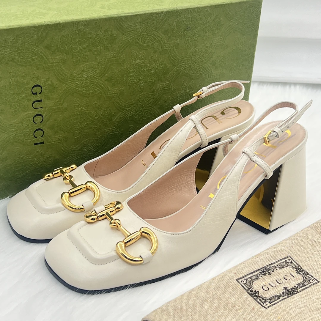 99新 GUCCI/古驰 Horsebit 马衔扣粗跟凉鞋 38.5码 公价8k c0467