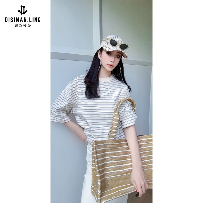 【迪丝嫚苓】100%棉杏色条纹T恤休闲打底宽松时尚百搭原创设计优雅