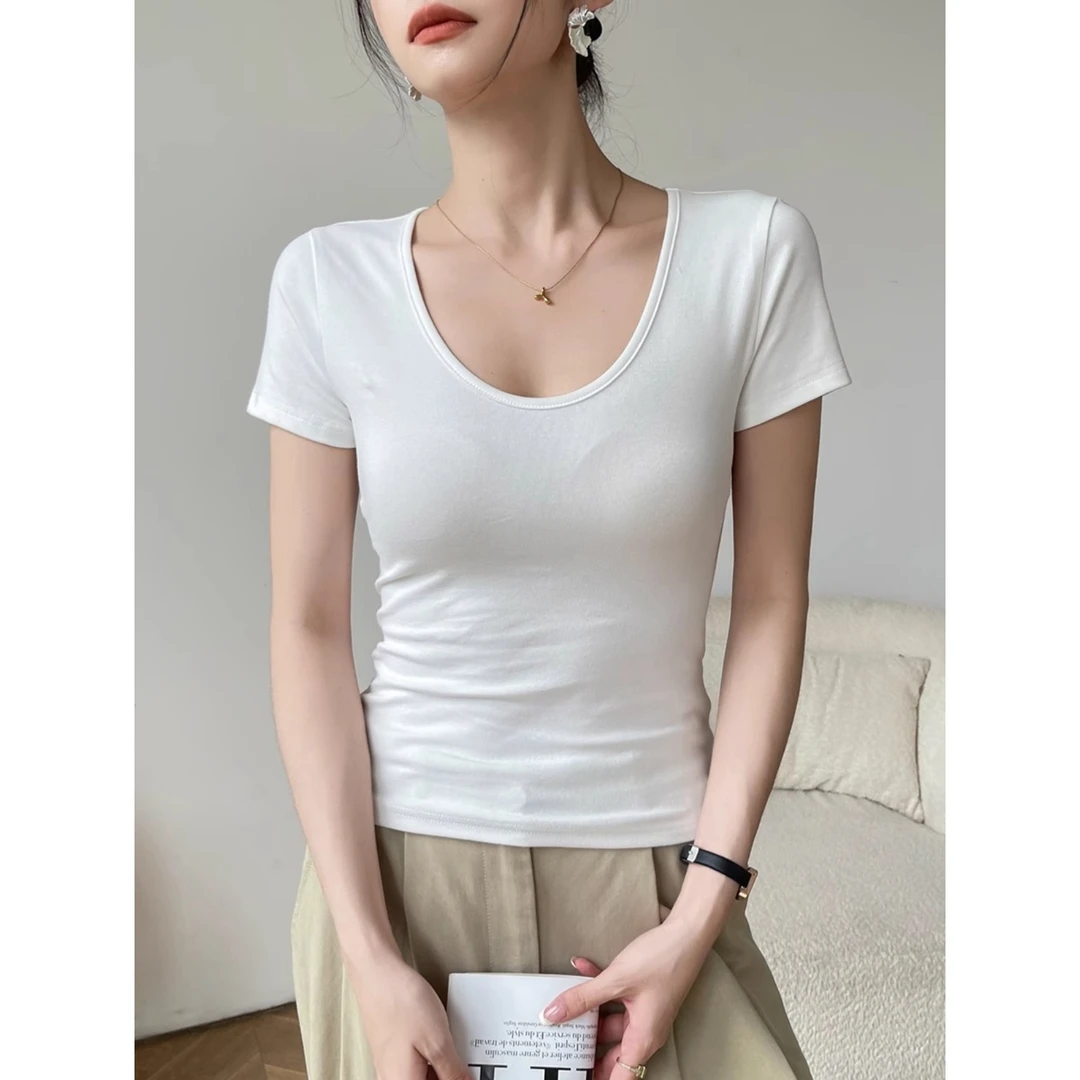 白色t恤女短袖夏季u领打底内搭锁骨百搭休闲正肩上衣百搭2025新款