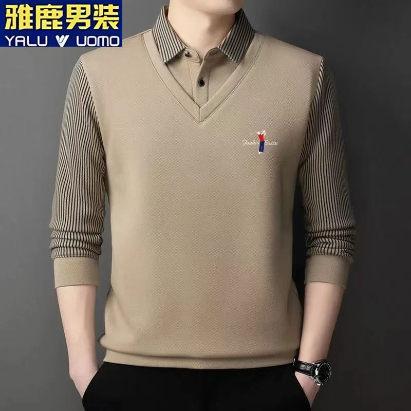 雅鹿男装春秋款长袖T恤假两件领印花Polo衫休闲薄款纯色上衣8830