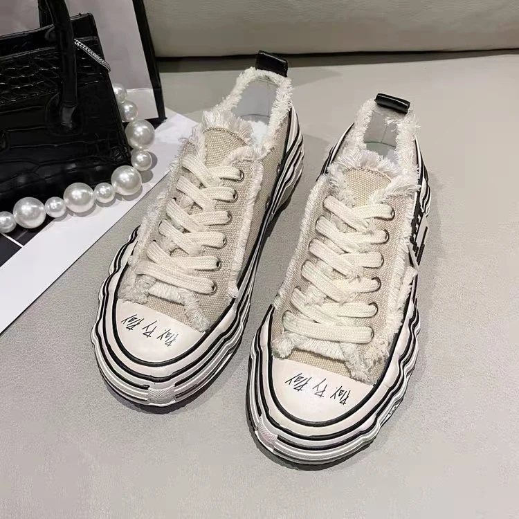 P222 小众厚底黑色乞丐帆布鞋女春秋季新款厚底松糕鞋休闲板鞋