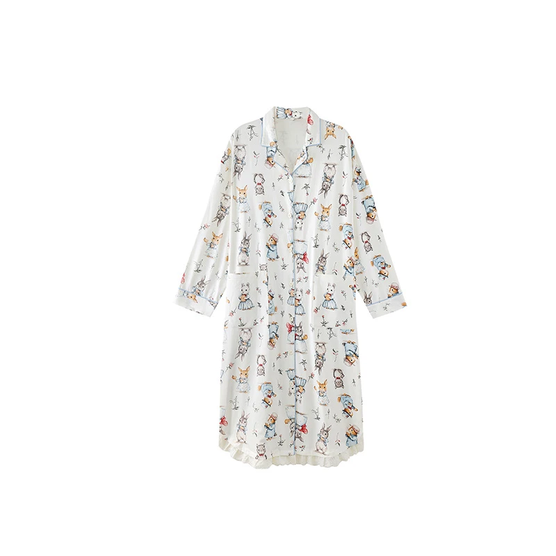 沁婧睡裙女秋冬季纯棉长袖翻领连衣裙2025可爱卡通可外穿家居服