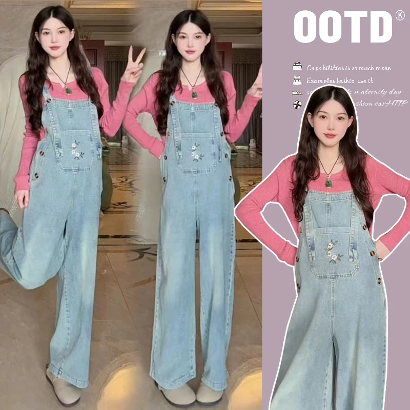 孕妇背带裤春季休闲宽松大码牛仔套装春装两件套2025新款孕妇套装