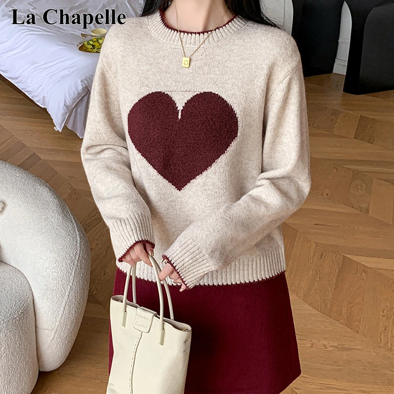 拉夏贝尔设计感爱心撞色针织衫女2025秋冬季新款圆领套头毛衣上衣