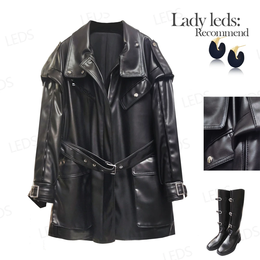 LEDS 001（H001）早春新款时尚机车酷飒风黑色中长款皮衣