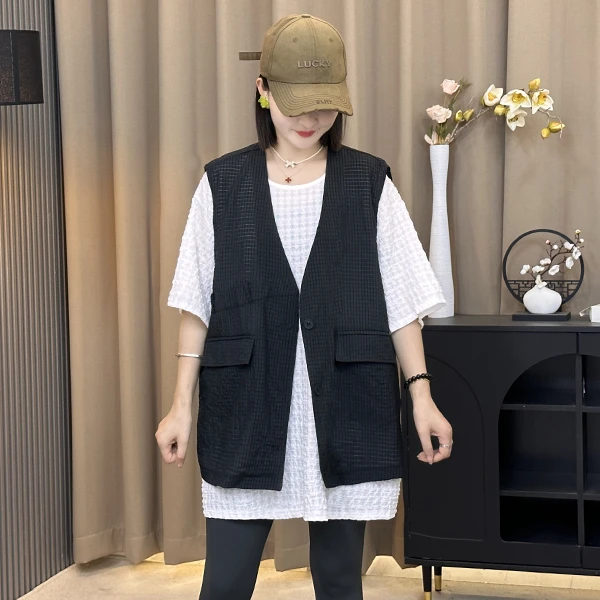 夏季新款欧货设计薄款双口袋马甲时尚气质条纹无袖百搭休闲上衣