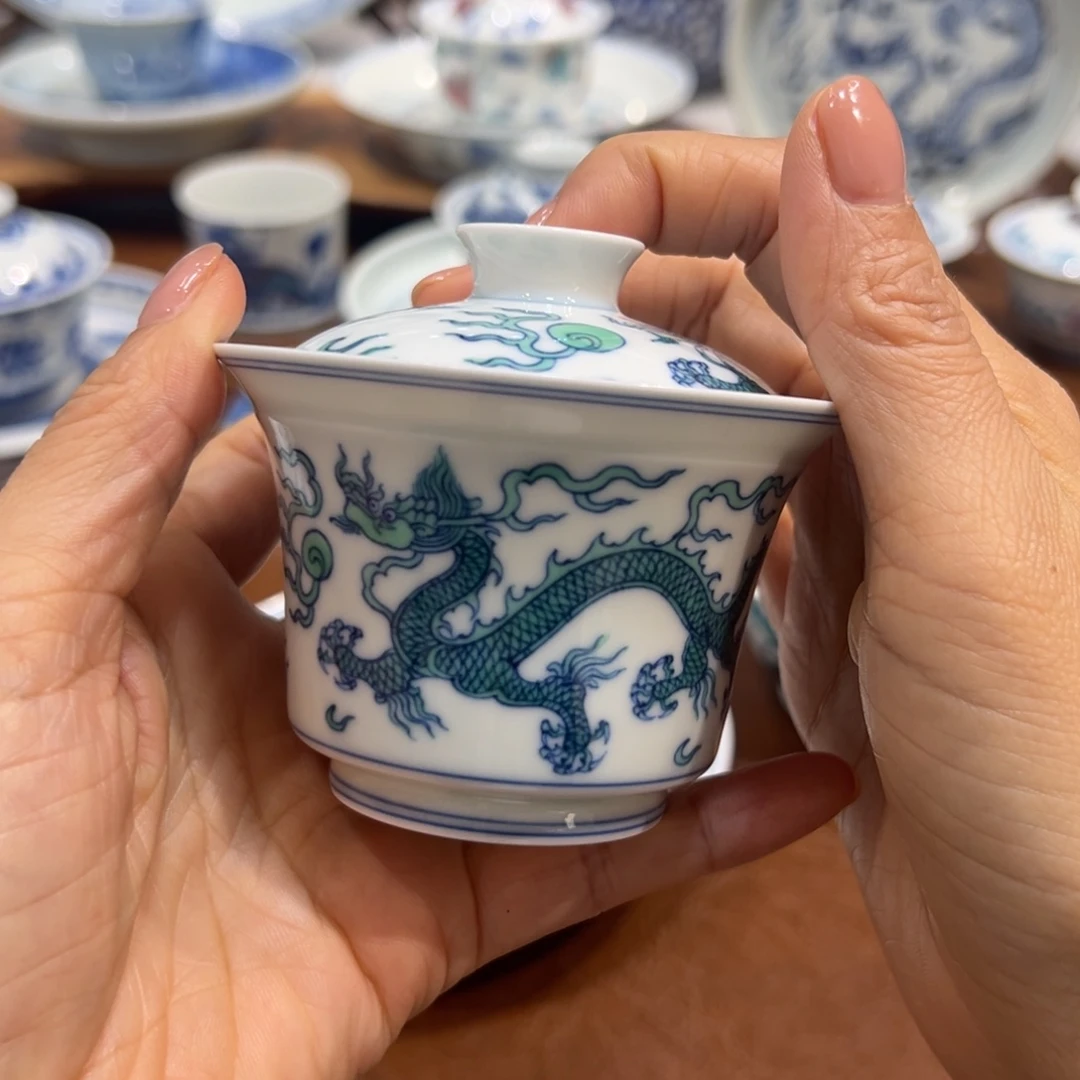 盖碗斗彩绿龙马蹄盖碗110毫升