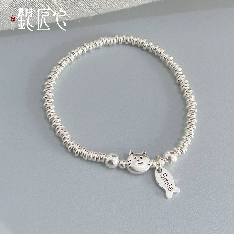 足银手链 【银匠心】足银999纯银盘缠小猫吃鱼手链可爱ins风韩系