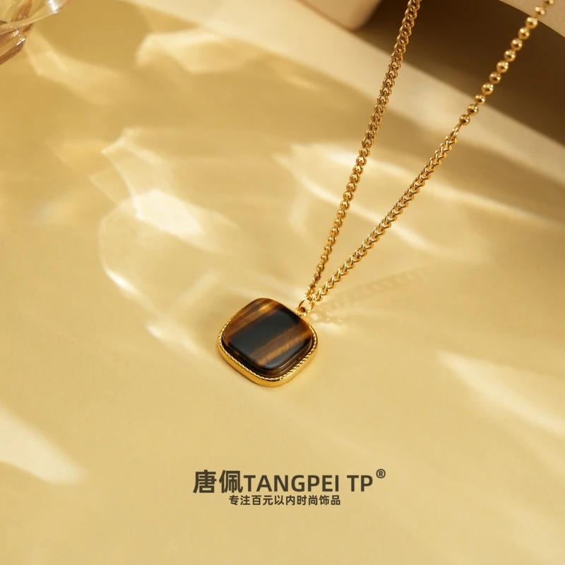 不锈钢项链 LC 设计感美拉德撞色方块项链简约气质时尚饰品