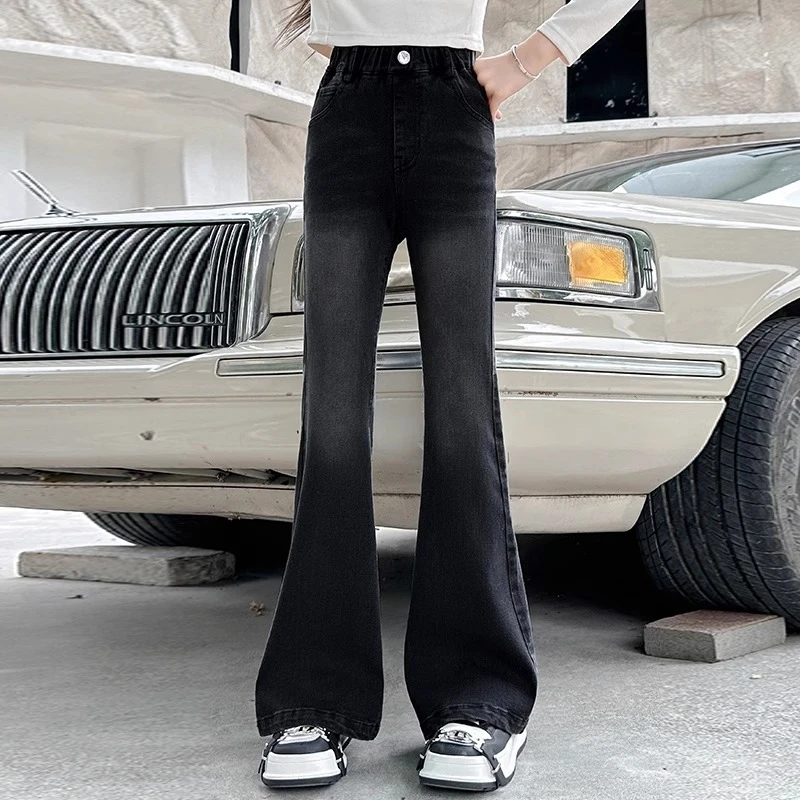 女大童喇叭裤秋装2025新款儿童黑色牛仔裤洋气女孩春秋裤子微喇叭