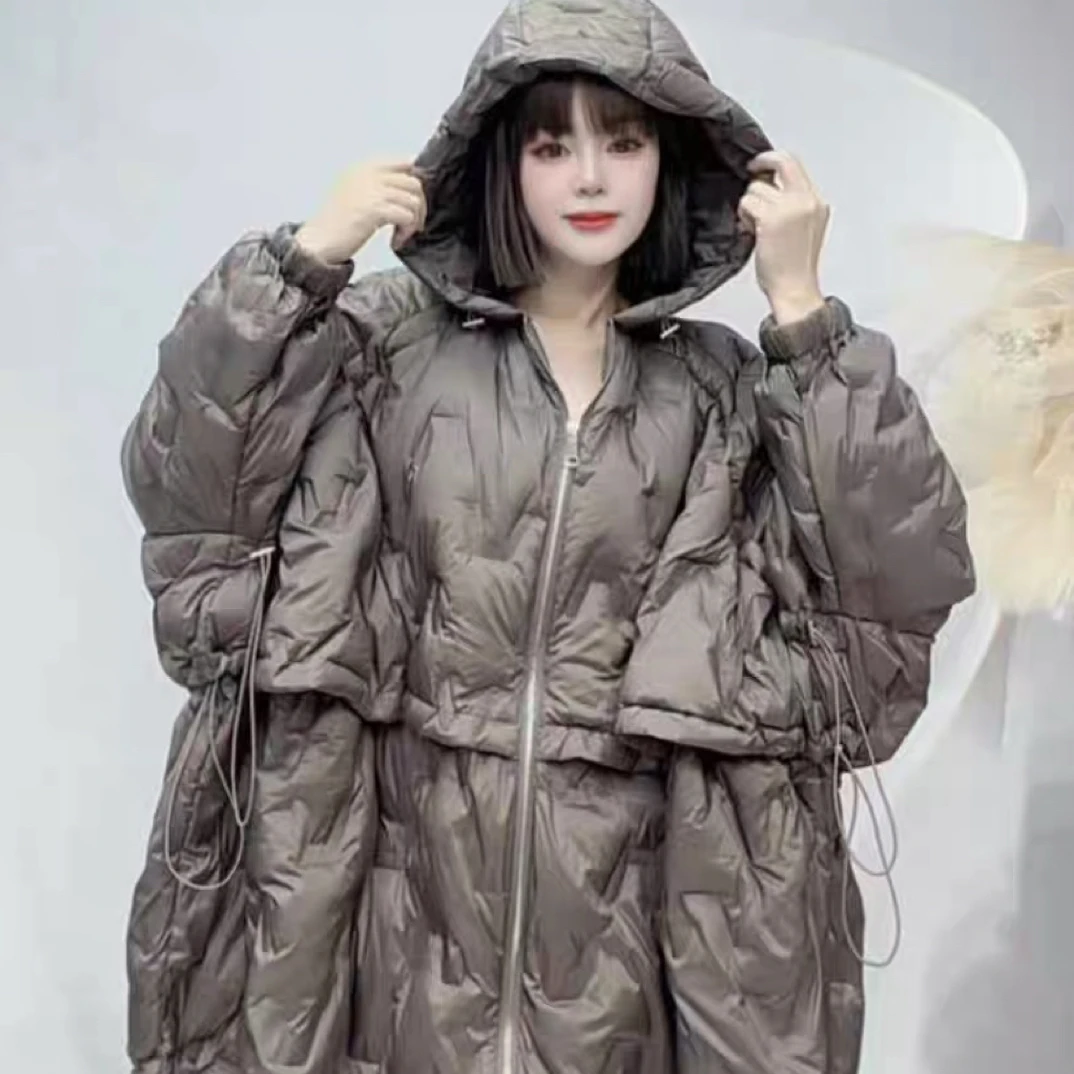 欧货女装2025秋季新款南洋高端斗篷式拼色连帽休闲宽松羽绒服