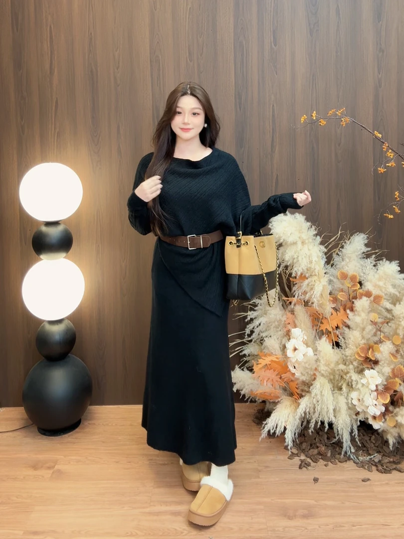 法式简约风松弛感露肩不规则针织小衫+高级感气质针织半身裙套装