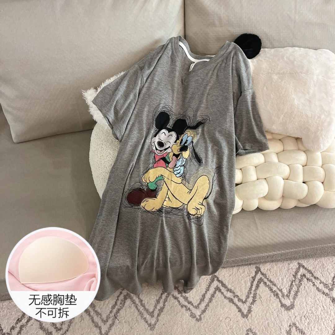 短袖睡裙女夏季网红风时尚睡衣大码凉感带胸垫薄款米奇夏天家居服