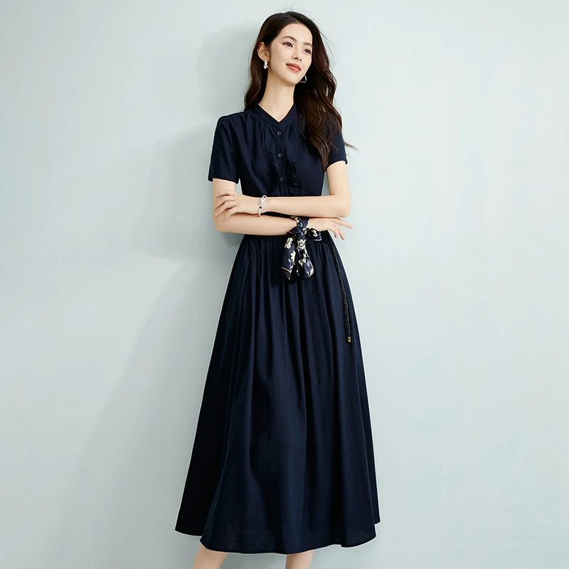 【新品】2025夏行政蓝 高级感 收腰 棉麻短袖连衣裙25042812
