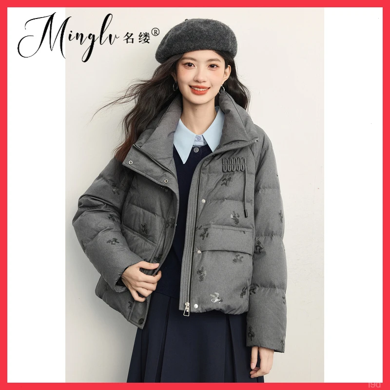 外套短款羽绒服灰色新款冬女装保暖保暖名缕立领千金风珠片绣2025