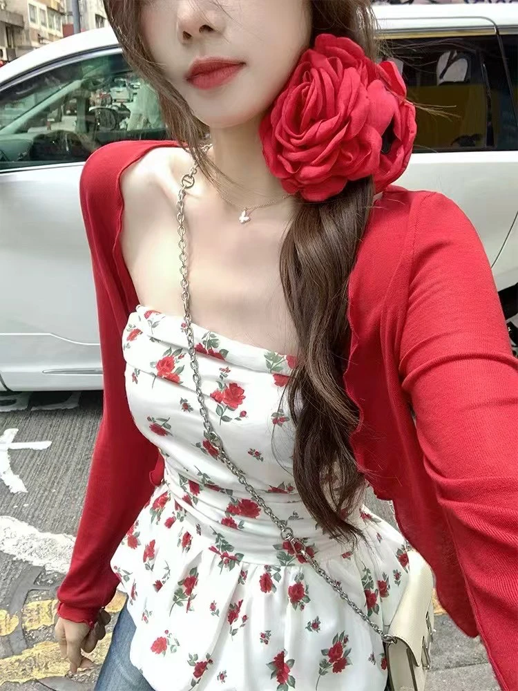 甜辣妹碎花抹胸背心开衫两件套女夏季修身收腰绝美上衣